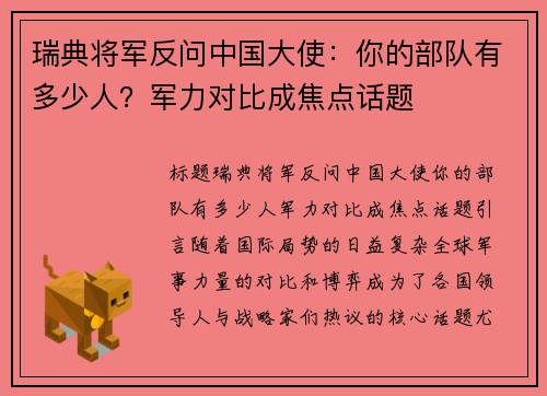 瑞典将军反问中国大使：你的部队有多少人？军力对比成焦点话题